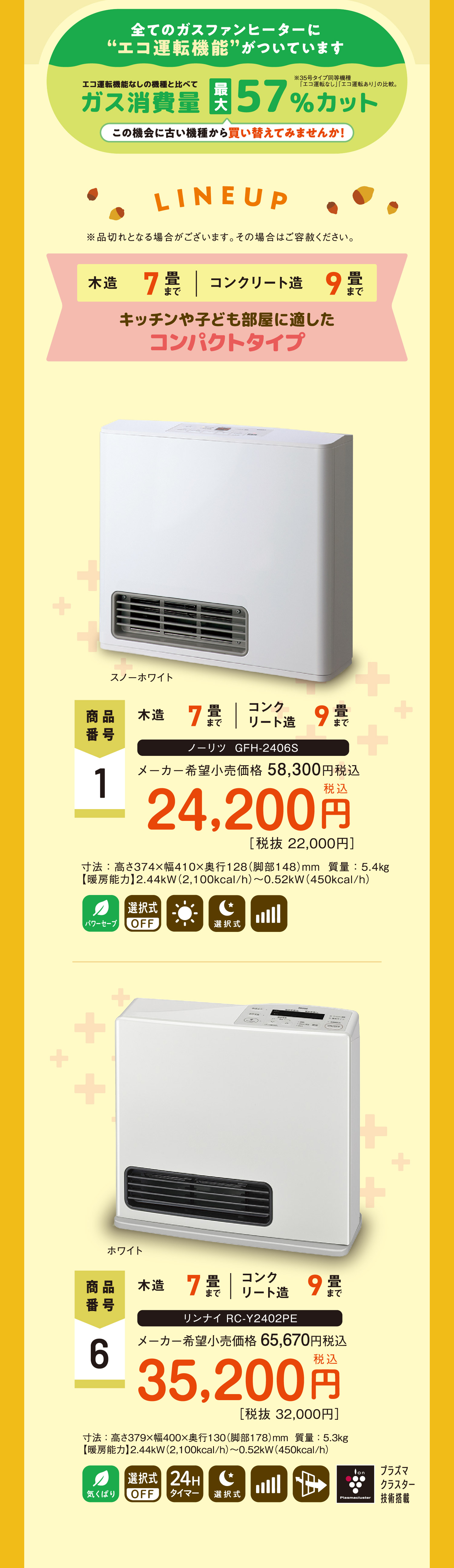 全てのガスファンヒーターに“エコ運転機能”がついています。キッチンや子ども部屋に適したコンパクトタイプ